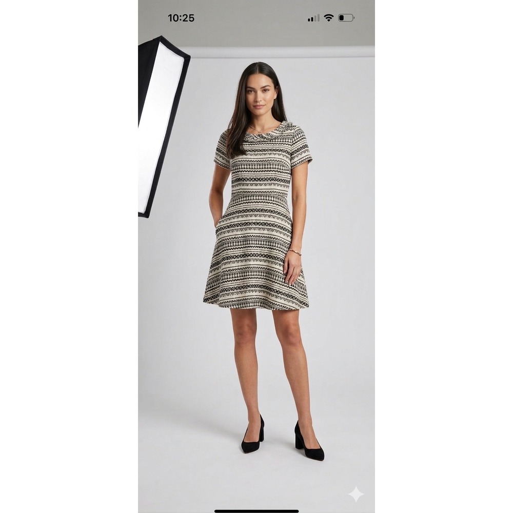 Banana Republic‎ Black White Geometric Jacquard Fringed Fit Flare Dress Size 6